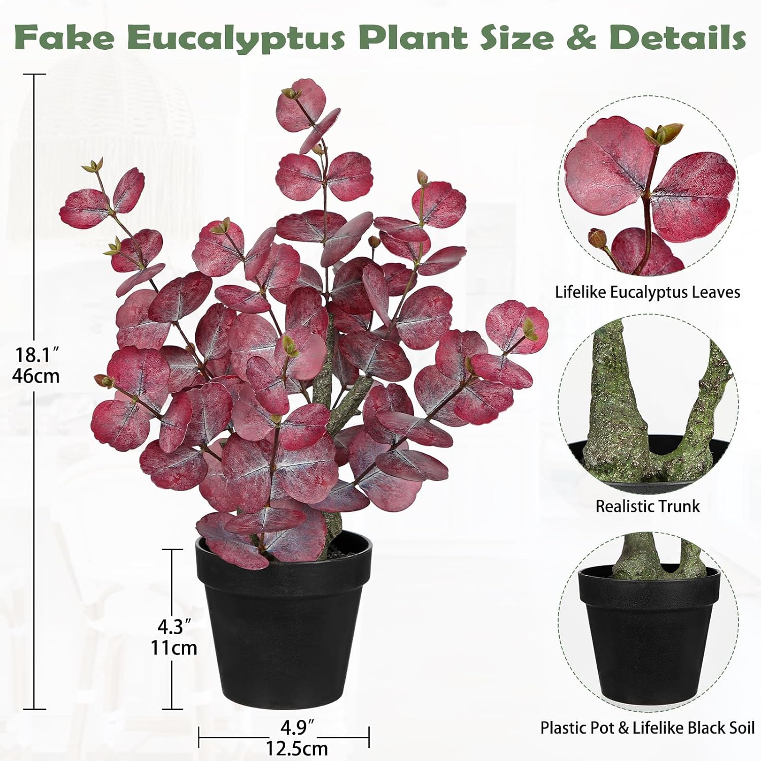 Detalle de Arborus 46cm Tall Artificial Eucalyptus Plant in Black Pot (Silver Dollar Red Eucalyptus look)