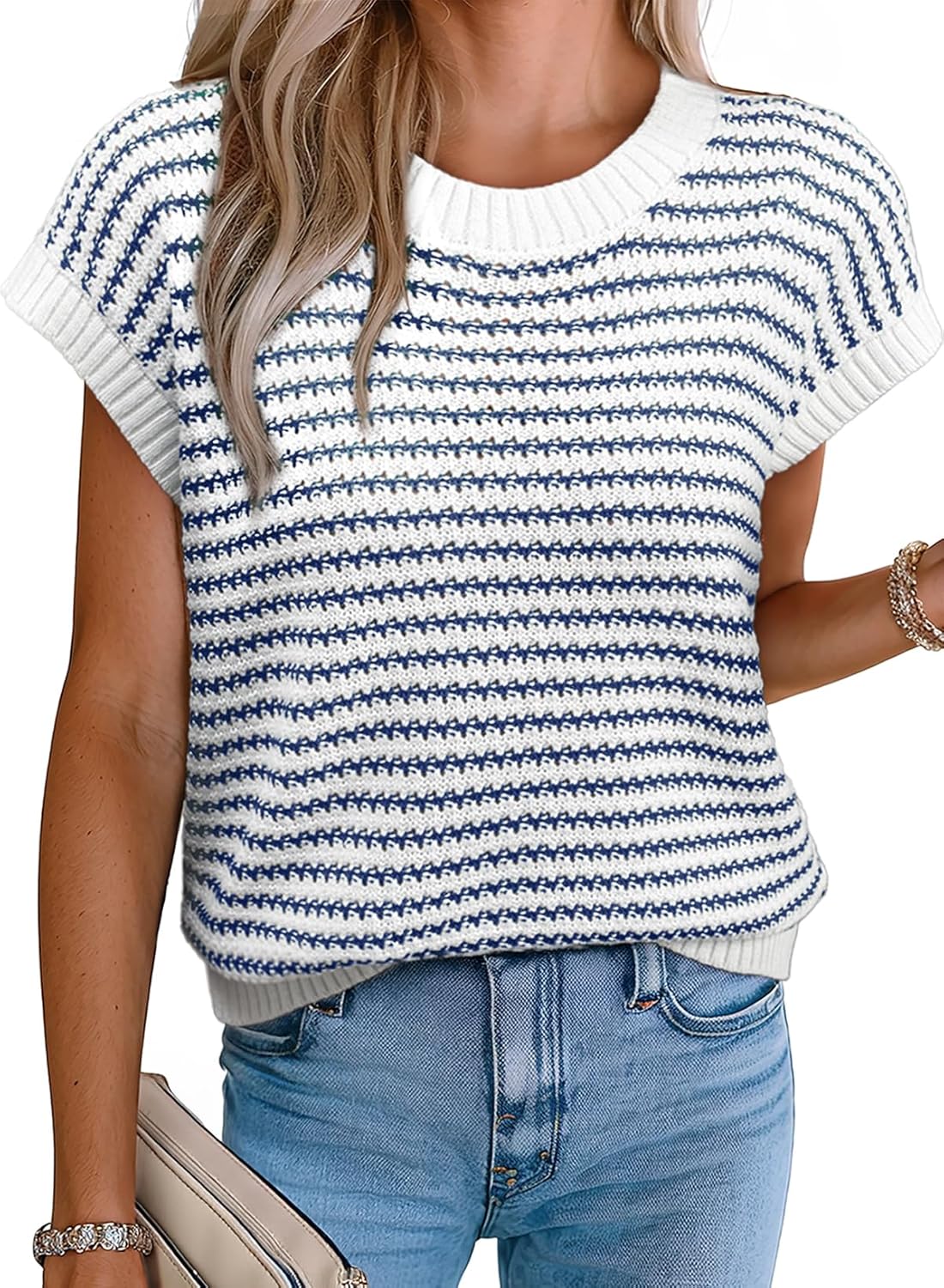 Detalle de EVALESS Women's Striped Knit Vest: Lightweight, Breathable Comfort for Summer Styling