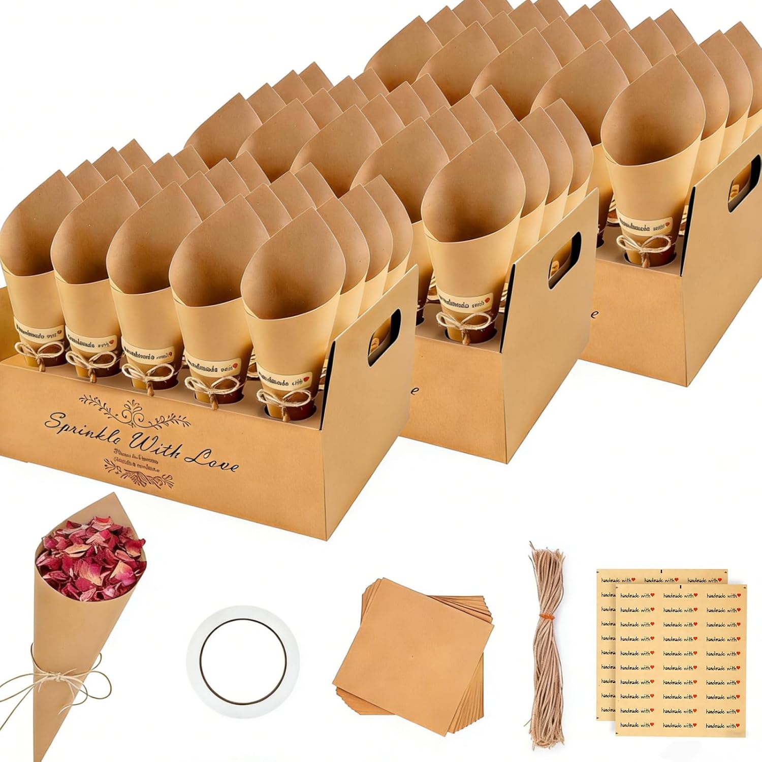 FINEVERNEK – Lot de 60 cônes confettis pour mariage avec porte-confetti et accessoires