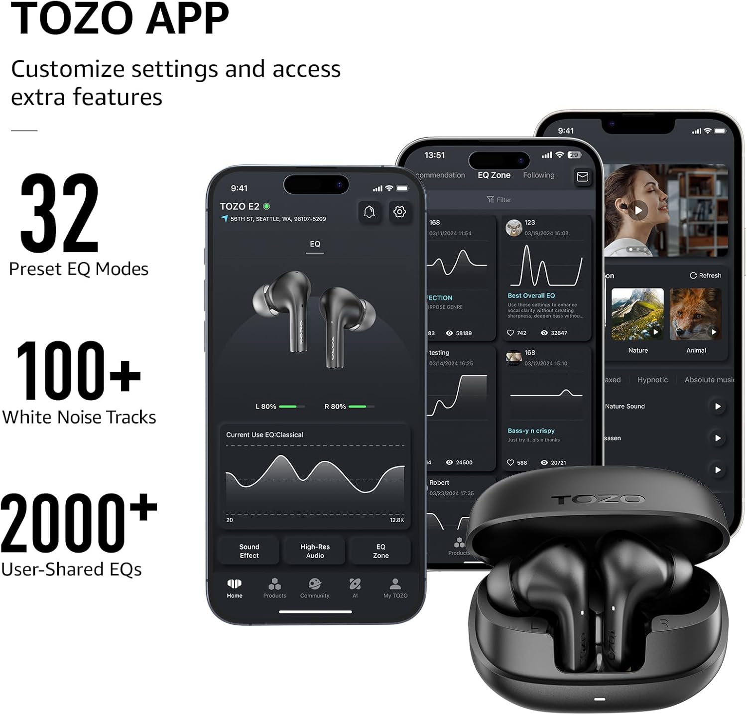 Detalle de TOZO E2: cuffie Bluetooth 5.3 con driver da 10 mm, 32 EQ e autonomia fino a 30 ore
