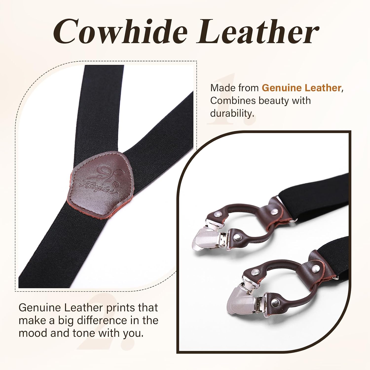 Detalle de KANGDAI cowhide leather braces 3.5cm wide