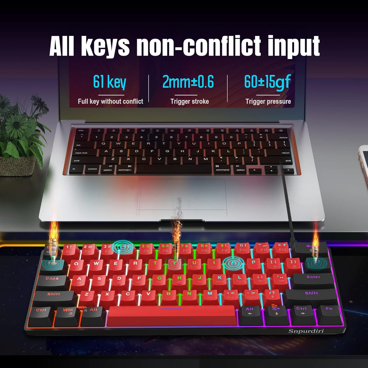 Thumbnail 5 de Snpurdiri 60% Compact Mechanical Gaming Keyboard (Red switches) – USB-C wired, UK layout, RGB backlit