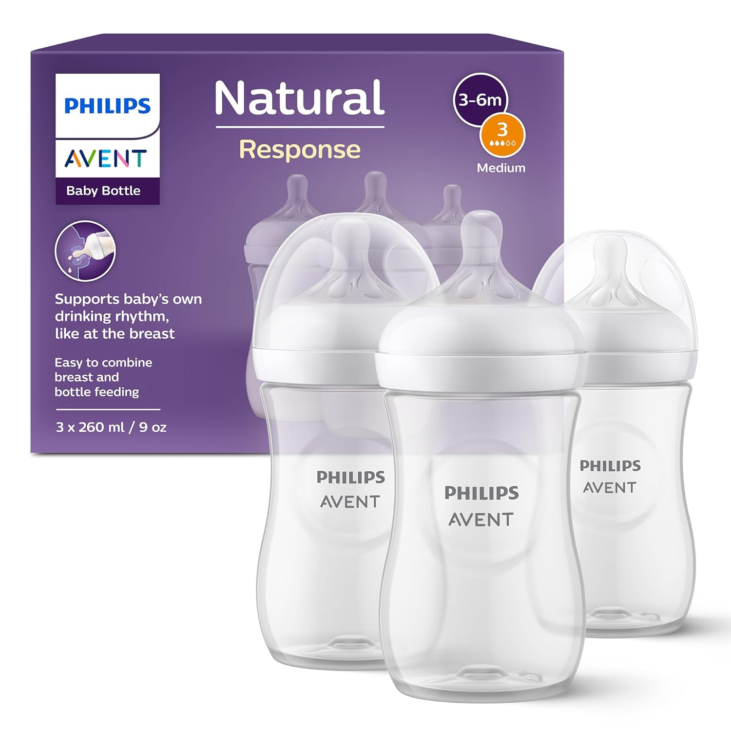 Detalle de Philips Avent Natural Response Babyflasche 260 ml – 3er-Pack, Durchflussrate 3, Anti-Kolik-Ventil