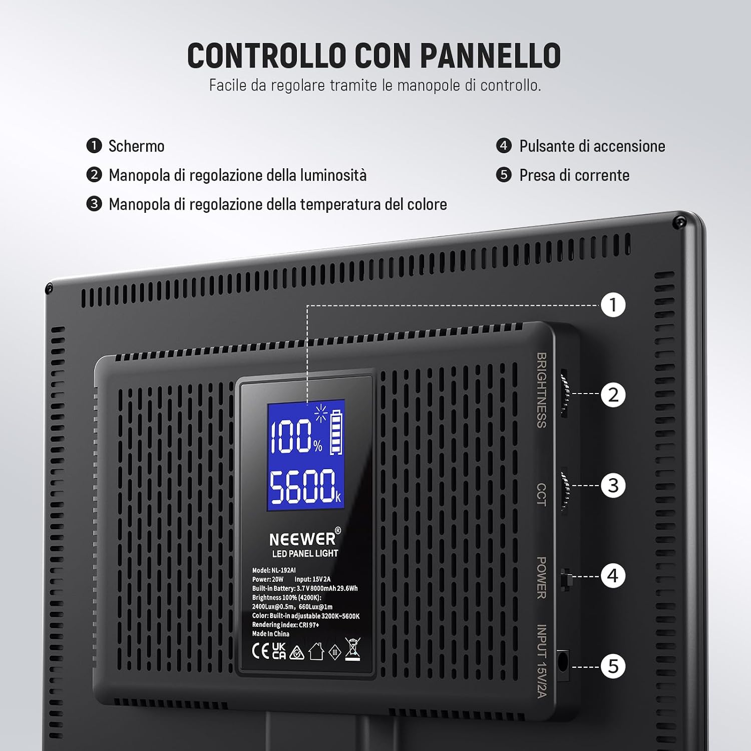 Thumbnail 6 de NEEWER Pannello Luce Video a 192 LED bicolore 3200K–5600K dimmerabile con batteria al litio 4000mAh