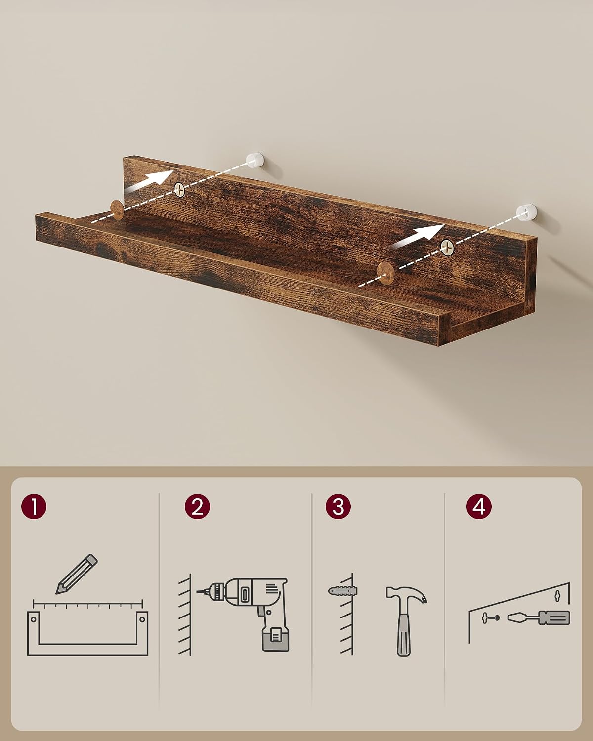 Thumbnail 4 de VASAGLE LWS084K01 Floating Wall Shelves, Set of 2, 80 cm, Vintage Brown