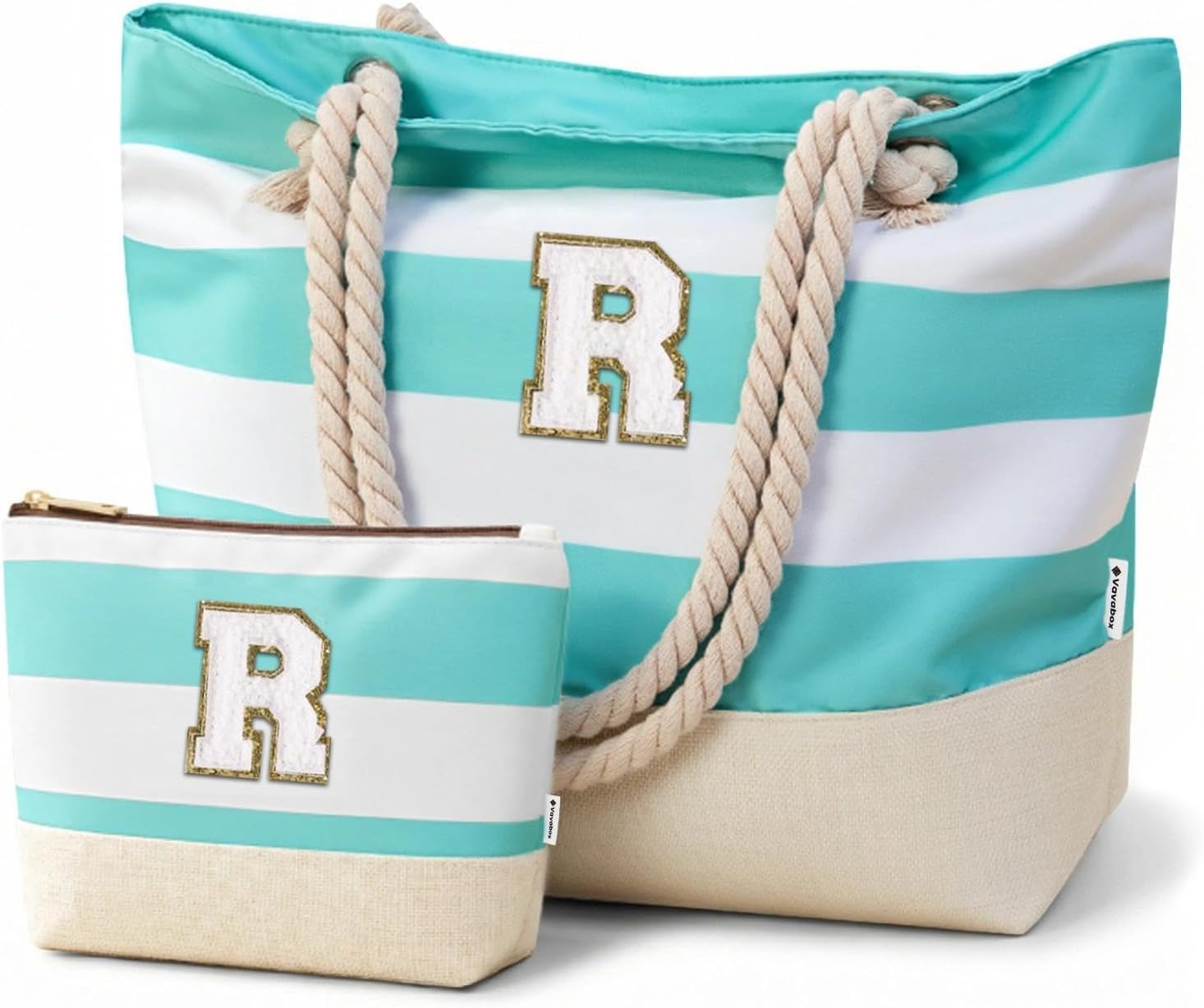 Detalle de Vavabox Beach Bag with Zip and Pockets – Personalised Linen Tote Set with Initials