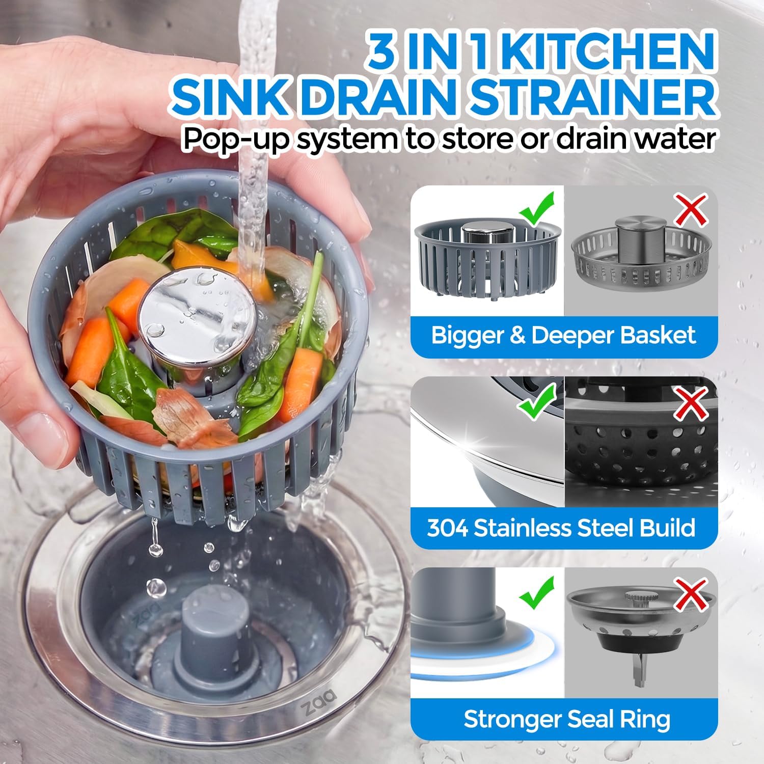 Thumbnail 1 de zaa 3-in-1 Sink Drain Strainer and Stopper for 3-1/2 in Sink Holes (Silver)