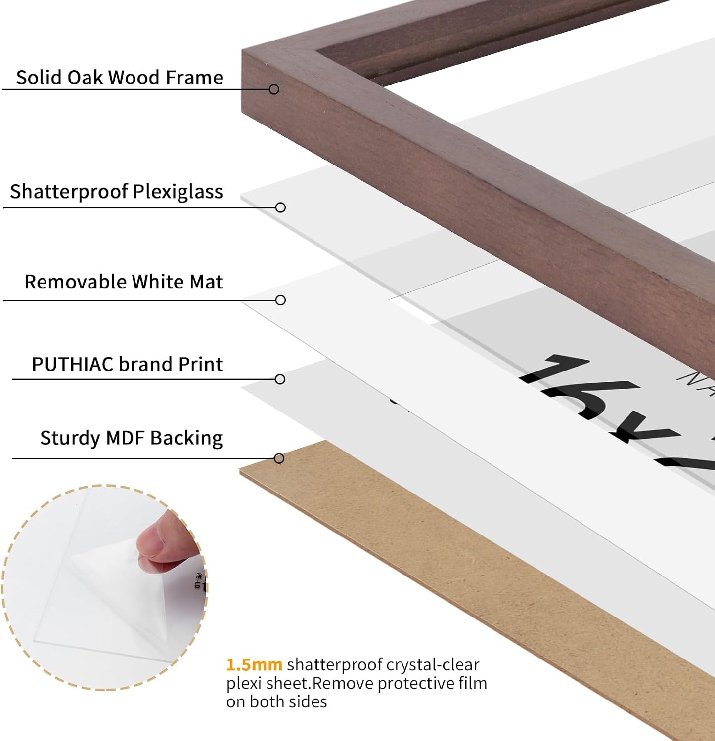 Detalle 2 de puthiac P147-16#20-1-H Solid Oak Picture Frame, Walnut, 16x20