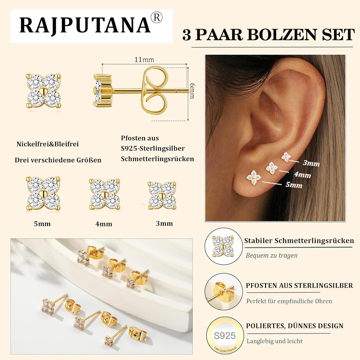 Thumbnail 3 de RAJPUTANA set di piccoli orecchini a perno in argento sterling 925 e placcatura oro 14k (3 paia, per orecchie sensibili)