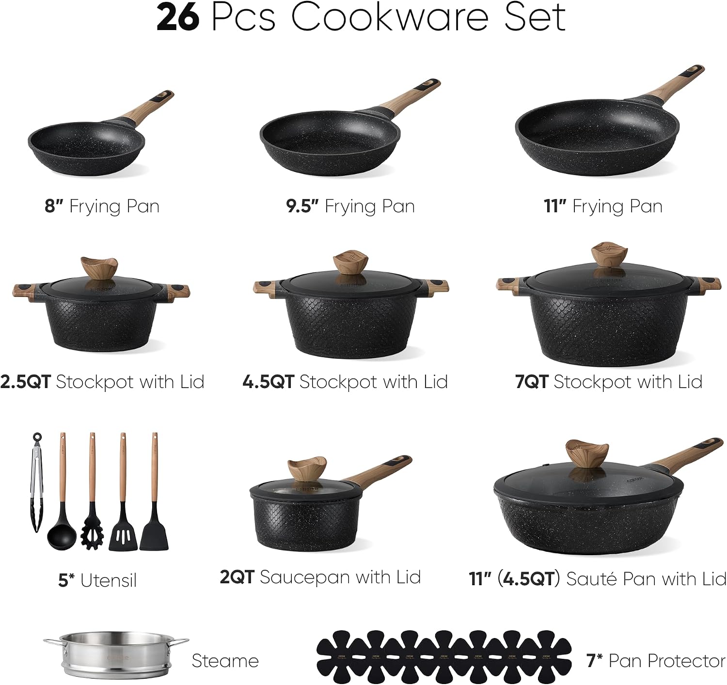 Detalle de CAROTE 26-Piece Nonstick Pots and Pans Set (PFOA-Free) for Induction, Black