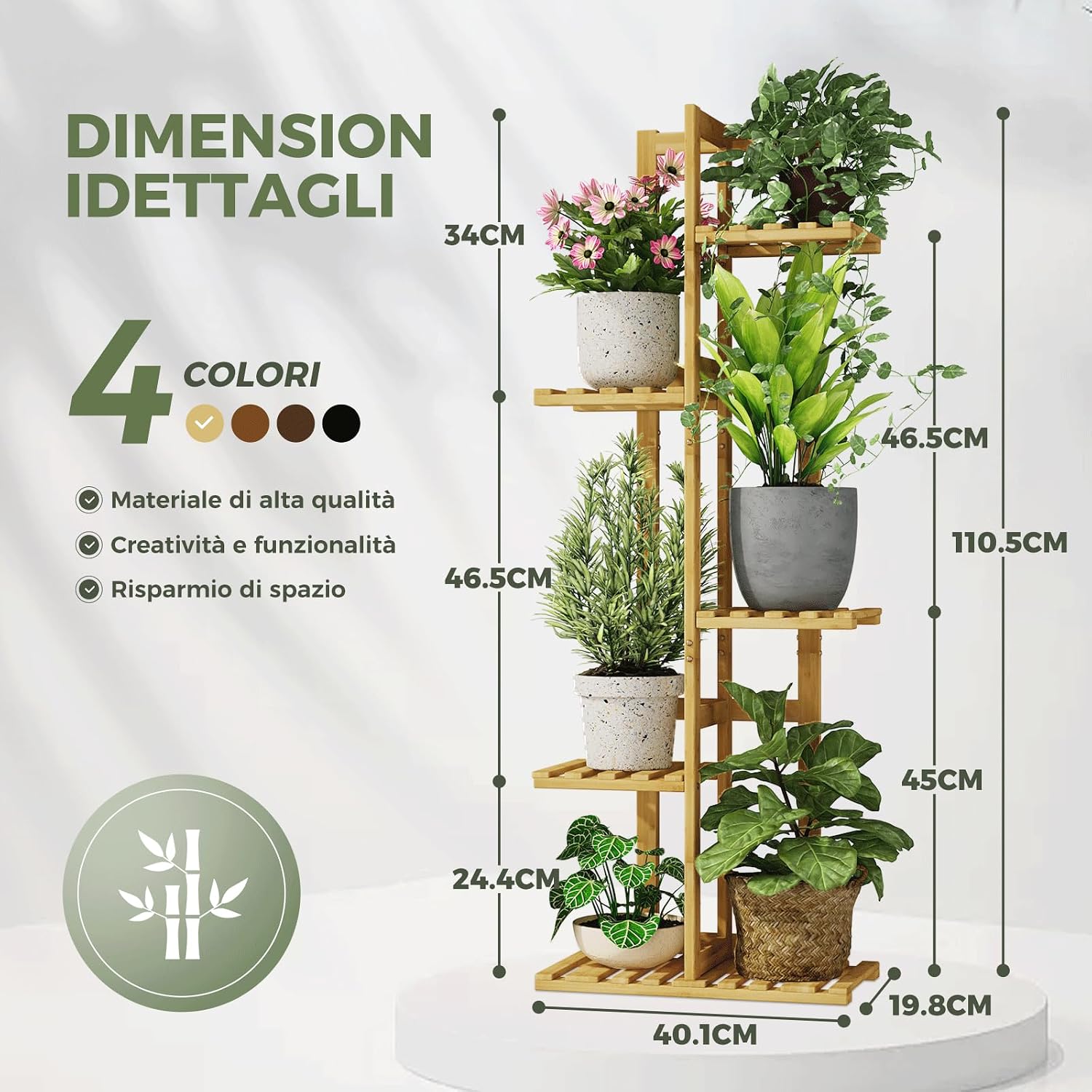 Thumbnail 5 de Bamworld Porta Piante da Interno in Bambu Naturale: Scaffale a 5 Livelli per Vasi e Fioriere