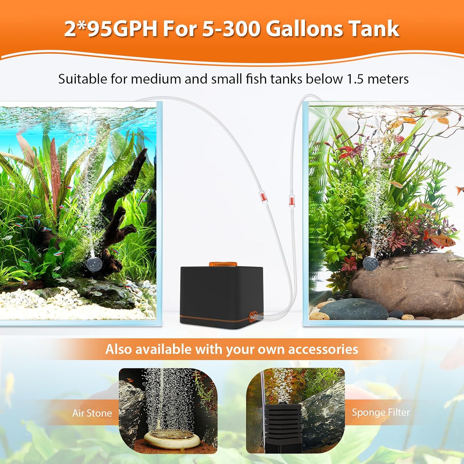 Detalle de hygger Aquarium Air Pump: Ultra Silent Dual Outlet 4W for Up to 1100 L