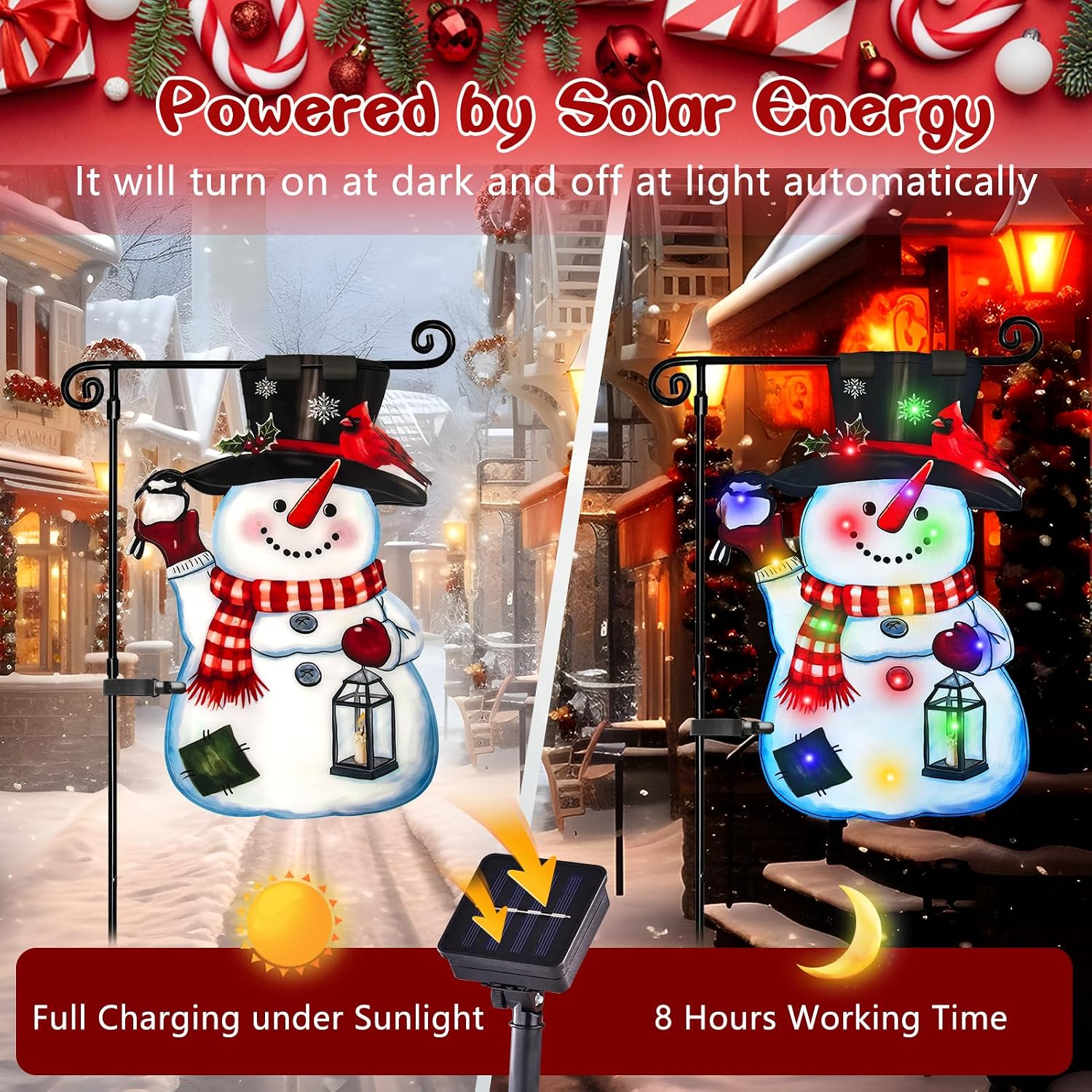 Detalle de amadecohome 01 Lighted Christmas Snowman Garden Flag, Solar LED, 8 Modes