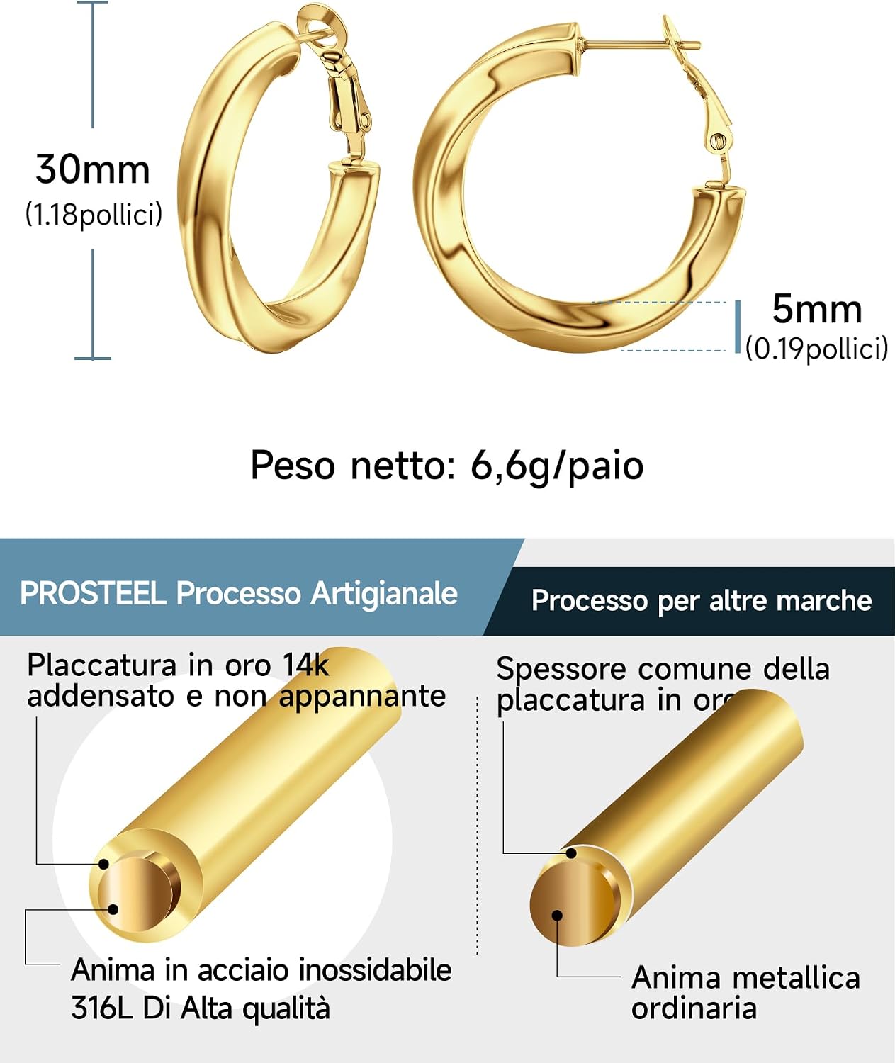 Detalle de Orecchini a cerchio vuoti PROSTEEL in acciaio 316L oversize Y2K (diametri 30/40/60/80 mm)