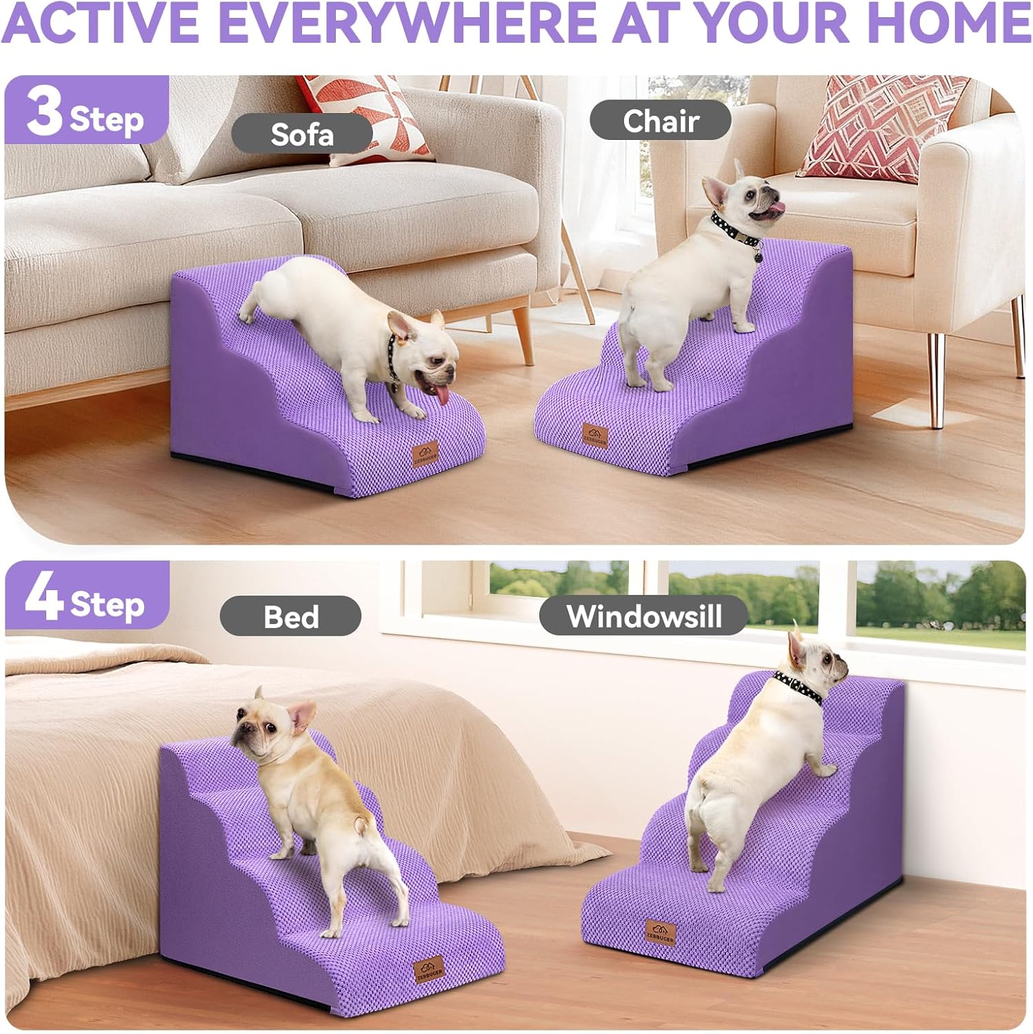 Detalle de Zerbuger Dog Ramp and Stair for Bed 16" High, 3-Step Cat Stair for Sofa and Chair