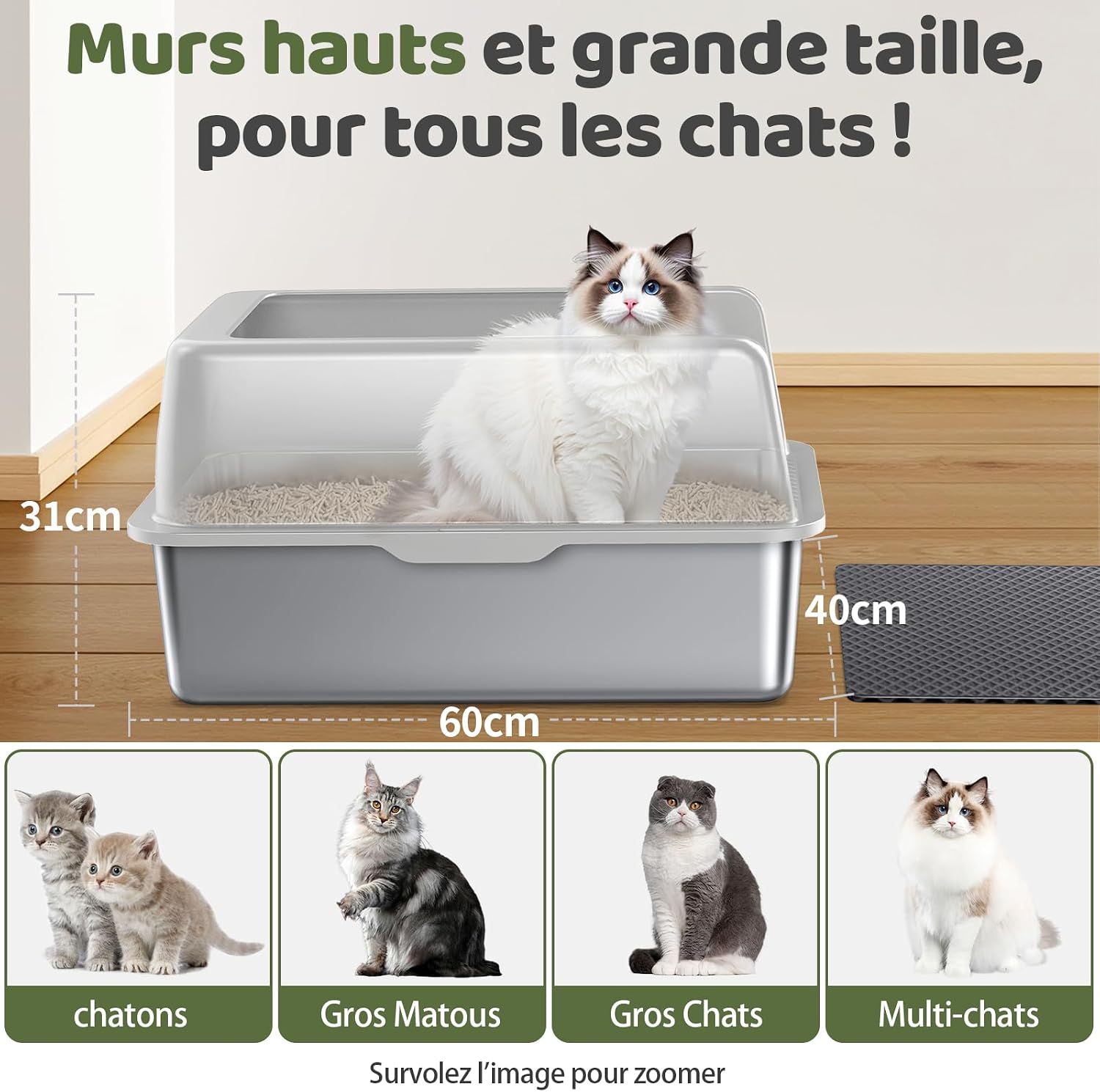 Thumbnail 1 de Gimars XXL Bac à Litière INOX 37L pour grands chats