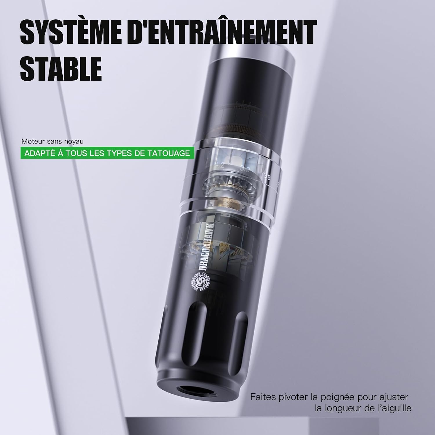 Detalle de Dragonhawk Stylo de tatouage sans fil rotative — 1500 mAh, course réglable 2,4–4,2 mm, LED, pour débutants