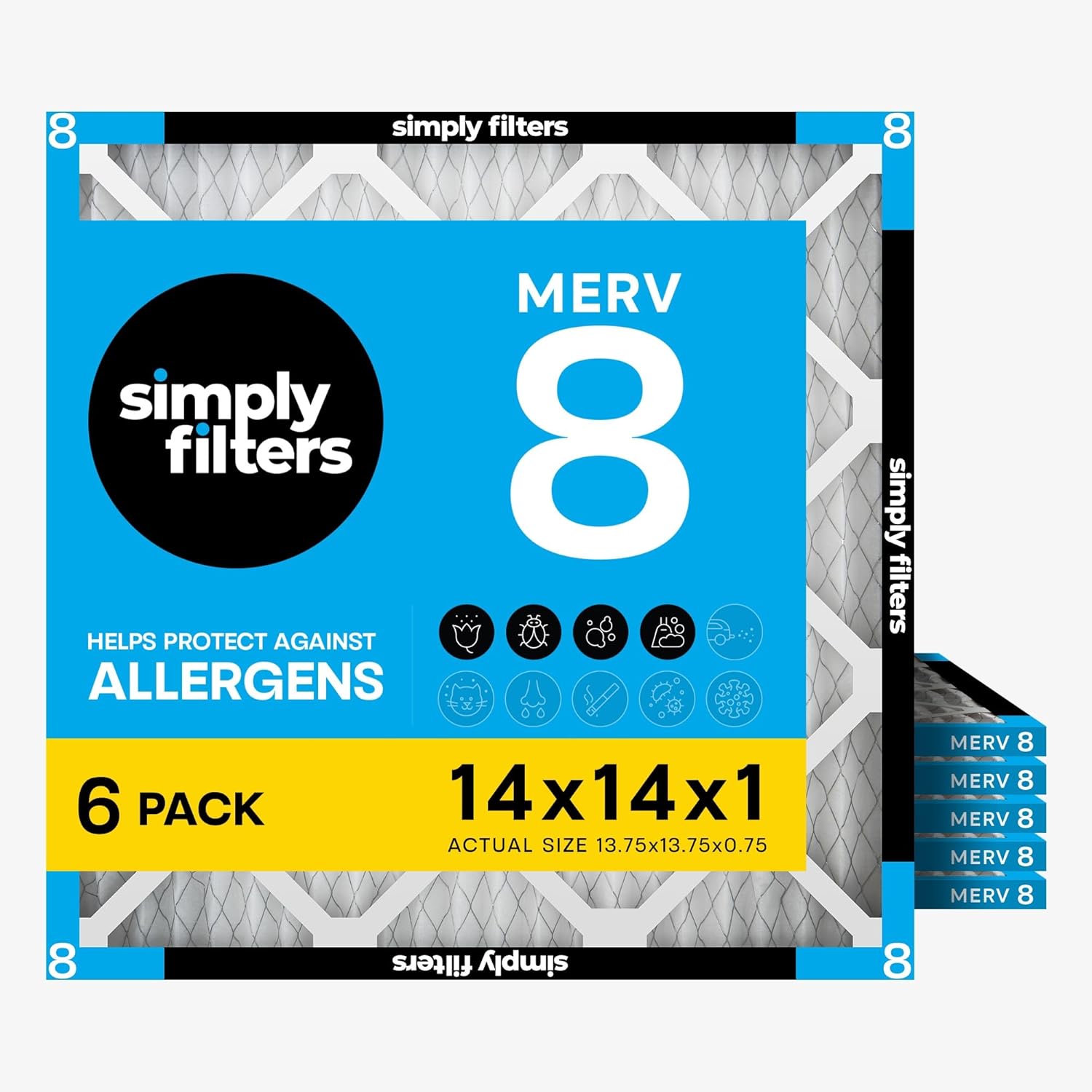 Simply Filters 14x14x1 Air Filter, MERV 8 — 6 Pack (Actual 13.75" x 13.75" x 0.75")