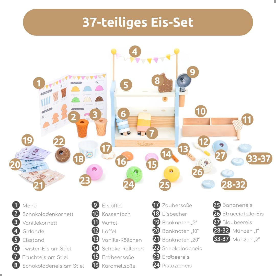 Thumbnail 6 de UMU® Kinder Eisdiele aus Holz – Rollenspiel-Set mit Eisladen, Küchenzubehör, Spielgeld und Menükarte (37-tlg.)