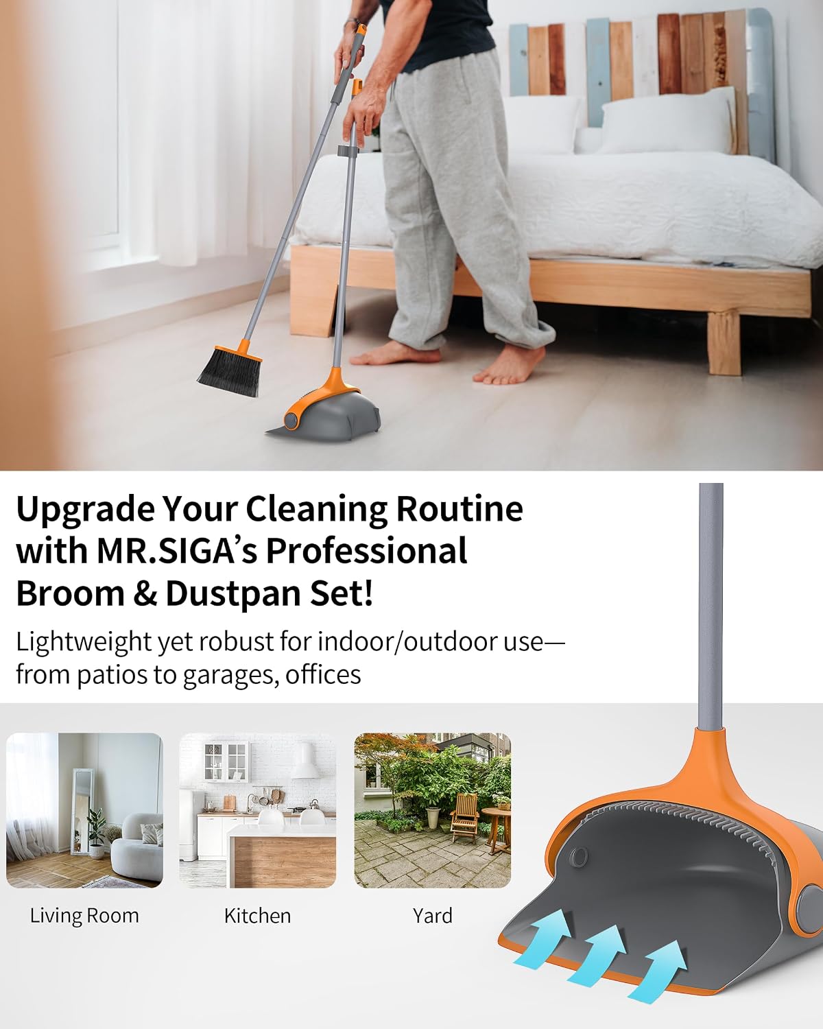 Detalle de MR.SIGA Broom and Dustpan Set with 51.7-Inch Handle, Flare-Tip Bristles
