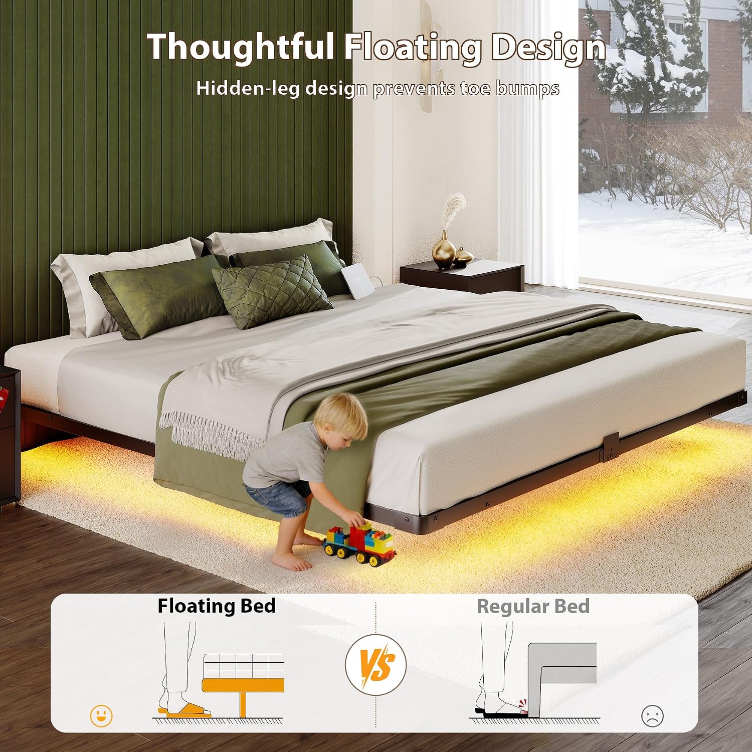 Detalle de MORICAD PX-XFC01K King Floating Bed Frame with LED Lights and Charging Station
