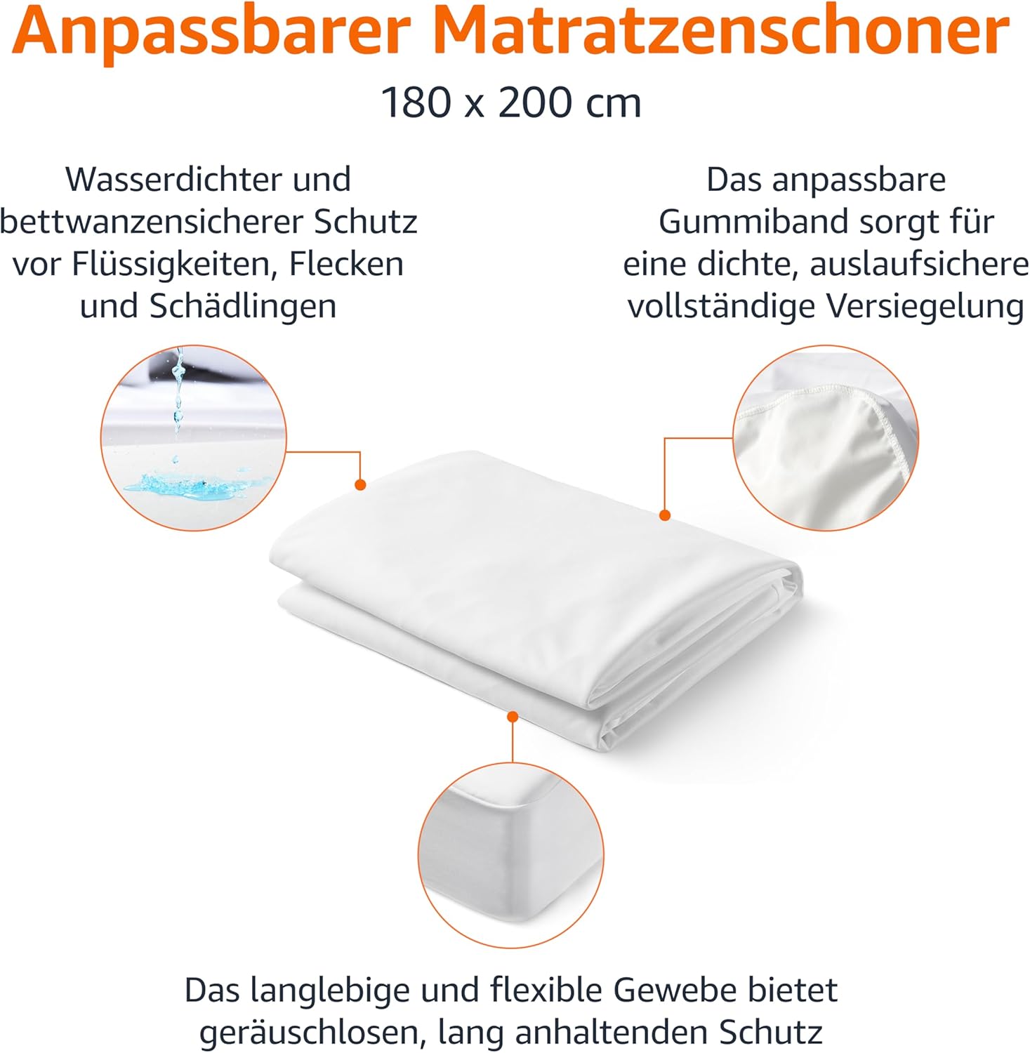 Detalle de Amazon Basics Matratzenschoner Wasserdicht 180 x 200 cm, 45 cm Tiefe, Weiß