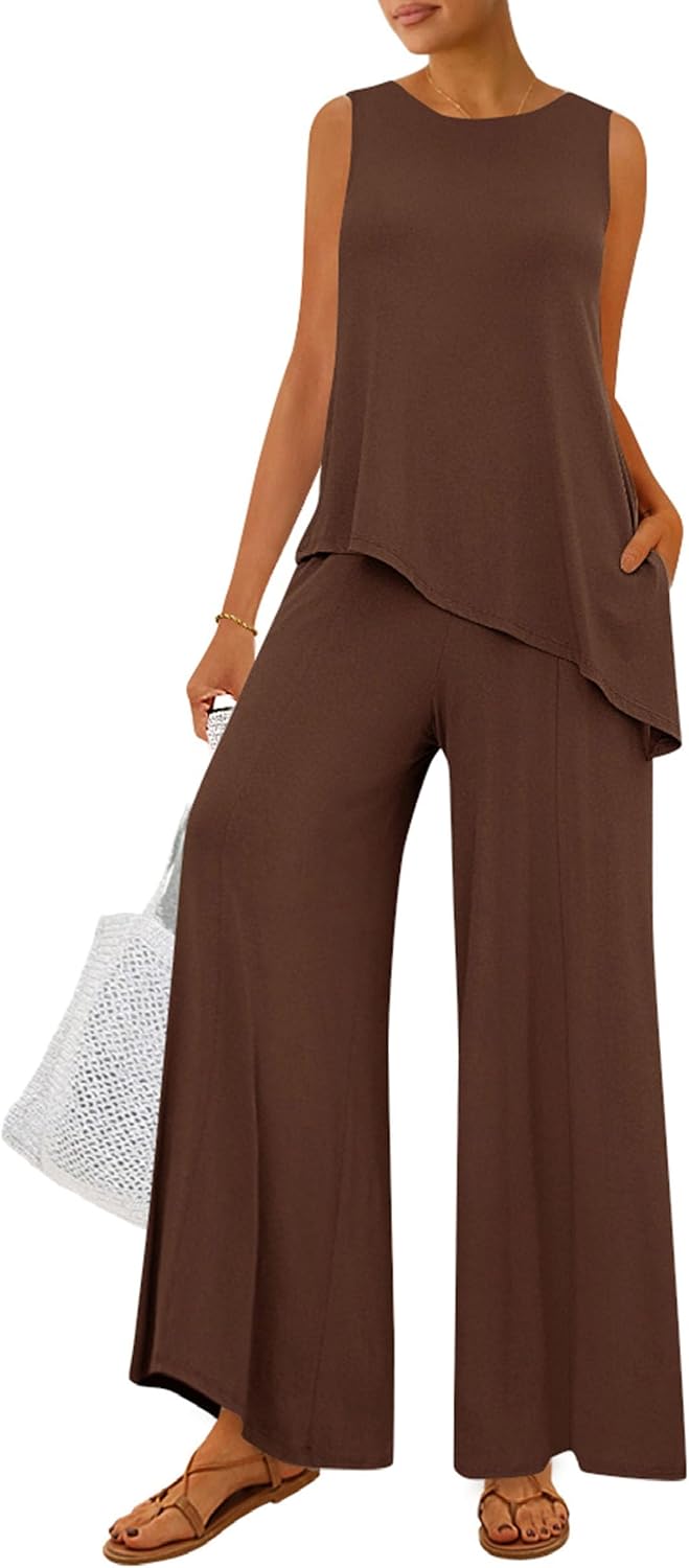 Detalle de PRETTYGARDEN Women's 2026 Two Piece Matching Lounge Set with Asymmetrical Top and Wide-Leg Pants