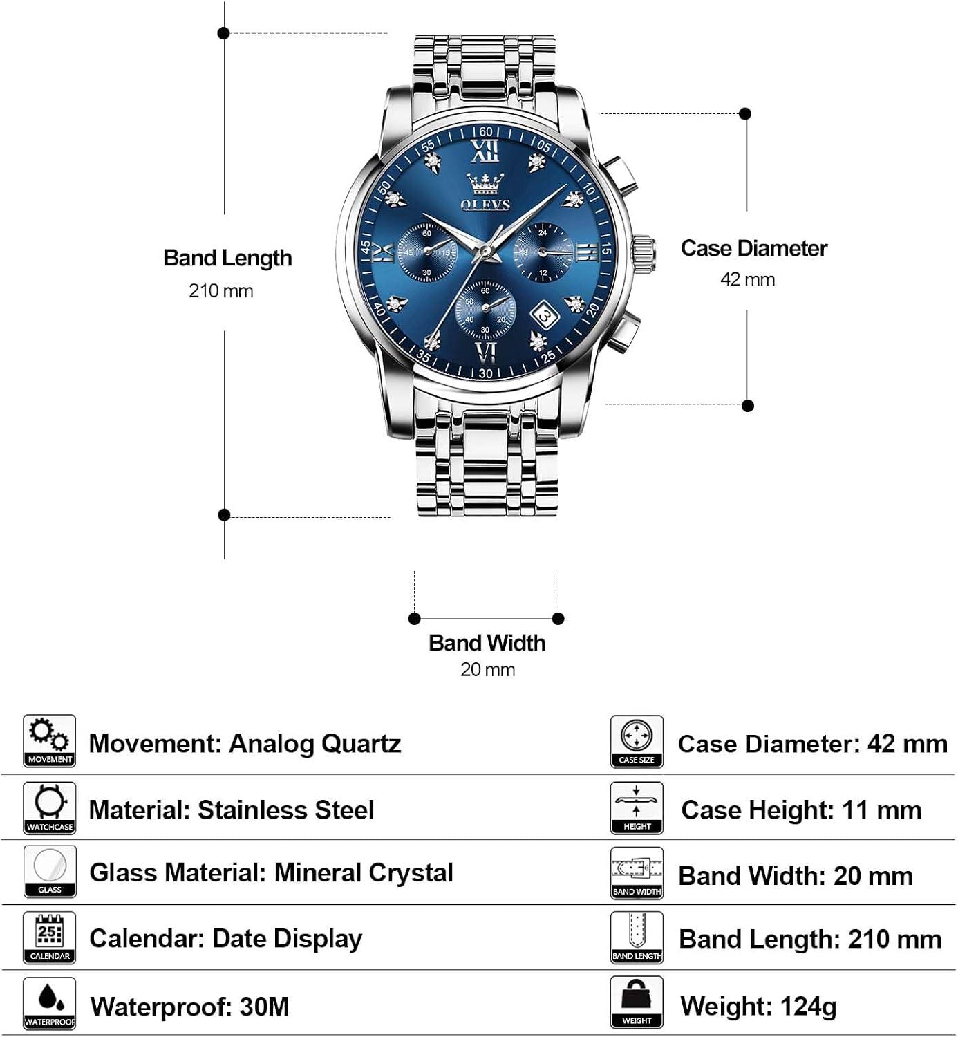 Detalle de OLEVS Men's Chronograph Watch: Gold & Silver Stainless Steel with Diamond Accents