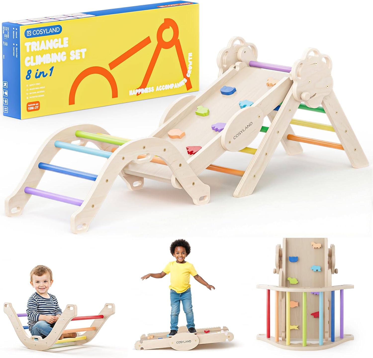 Detalle de COSYLAND 8-in-1 Montessori Klettergerüst Holz ab 18 Monate – Kletterdreieck mit Rutsche & Kletterbogen, Natur