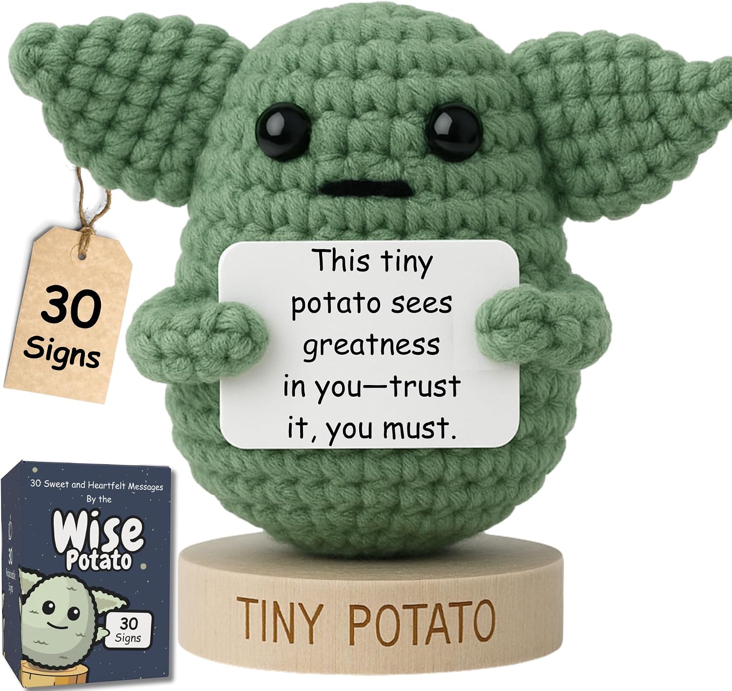 Detalle de Star Wars Gifts Handmade Baby Yoda Positive Crochet Doll with 30 Affirmations