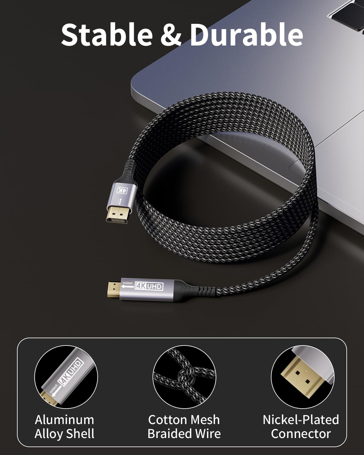 Thumbnail 5 de layajia 4K DisplayPort to HDMI Cable 2M (Uni-Directional) DP to HDMI, 4K@30Hz / 2K@60Hz / 1080P@120Hz
