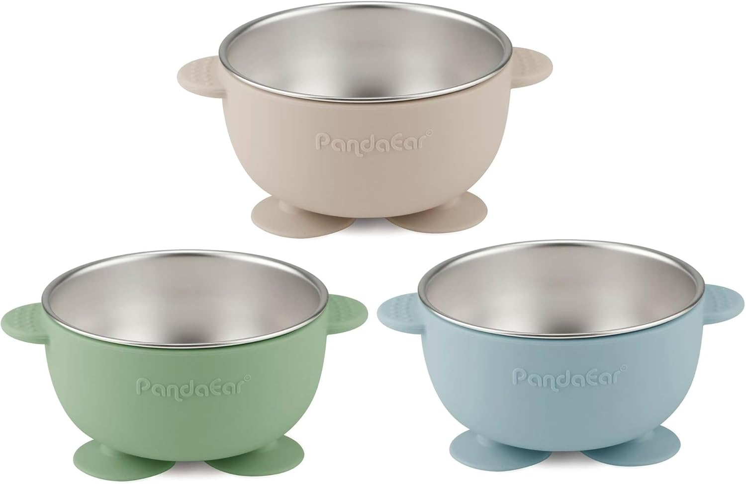 Detalle de PandaEar 3er Set Edelstahl Baby Schüsseln mit Saugnapf – Breischale für Babybrei, BPA-frei, rutschfest, bruchsicher (Blau/Grün/Braun)