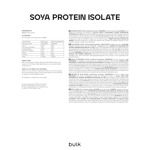 Detalle de Bulk Soya Protein Isolate Powder, Unflavoured 1 kg – Proteine vegetali di alta qualità per sportivi