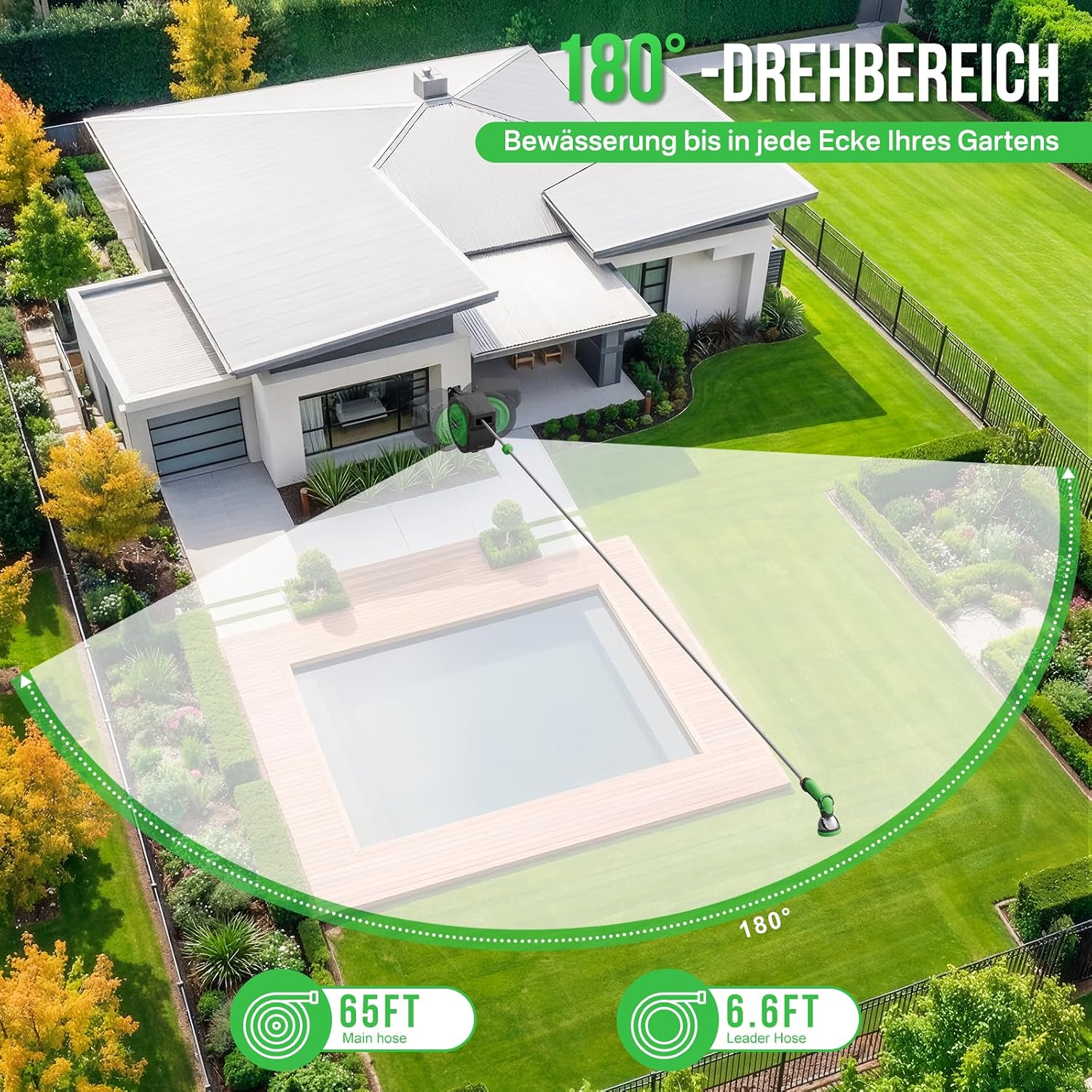 Thumbnail 4 de Schlauchtrommel Gartenschlauch RollUp mit 180° Schwenkbarem Halter, 20 m Schlauch, 10‑fache Düse und automatischem Rückzug