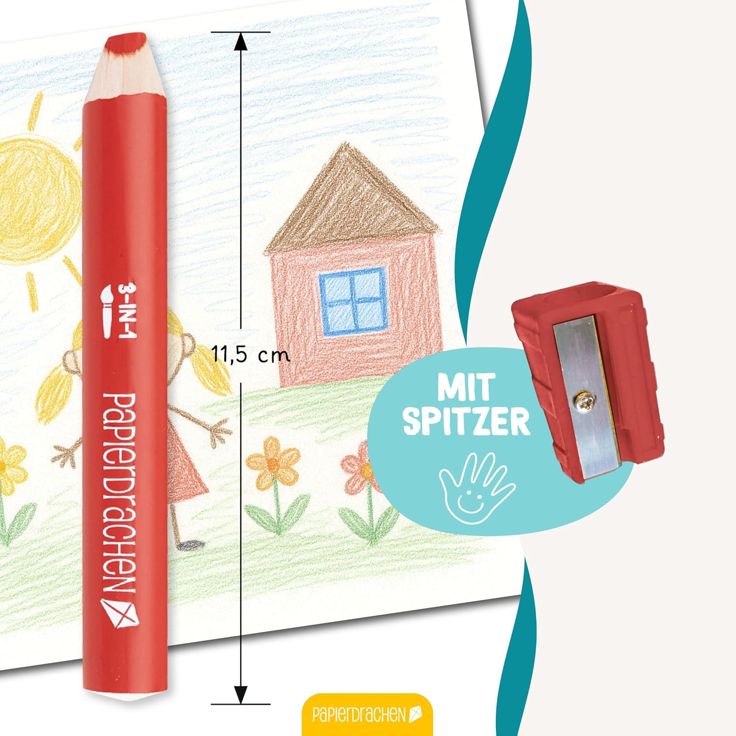 Detalle de Papierdrachen 3-in-1 Buntstifte mit Anspitzer – 10 Stifte, wasservermalbar, für Kita & Schule
