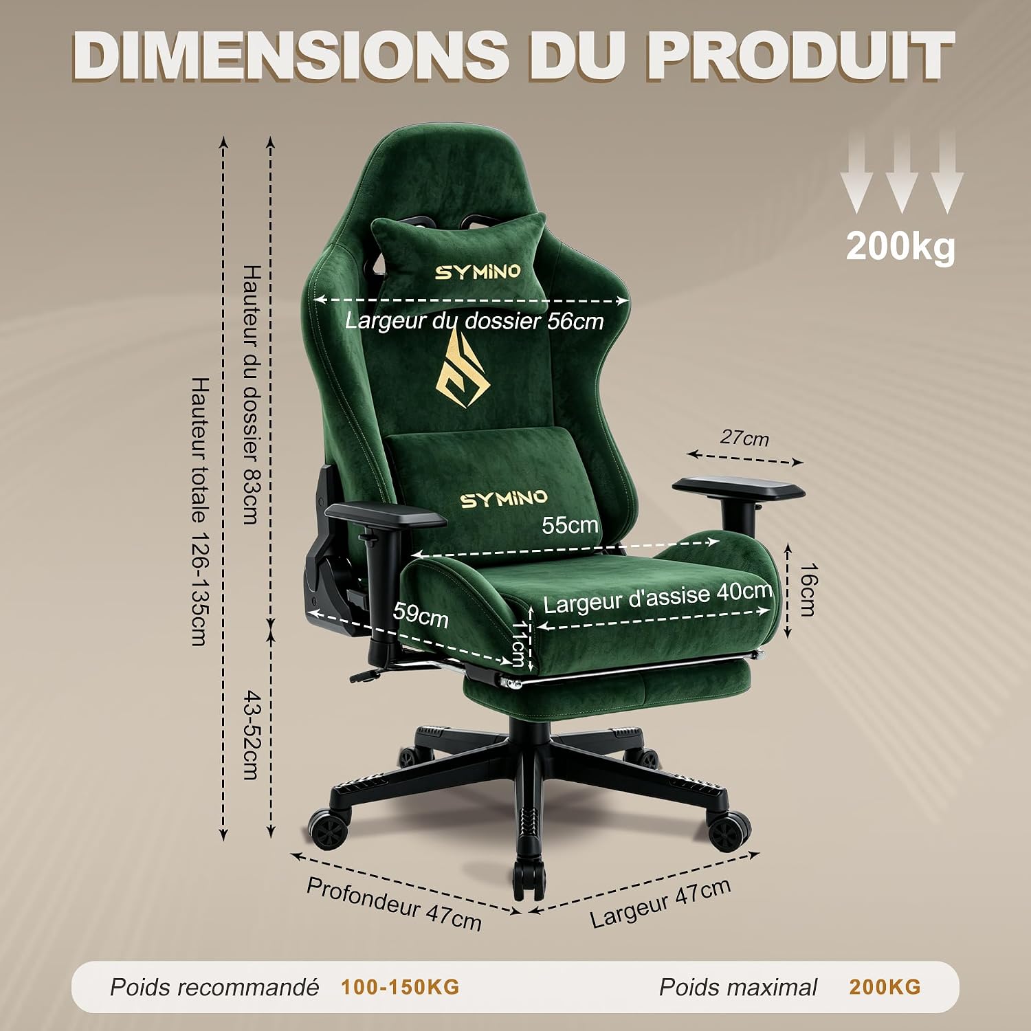 Detalle de Symino MP-001-Green-FR gamingstoel met uitschuifbare voetensteun en kunstsuède