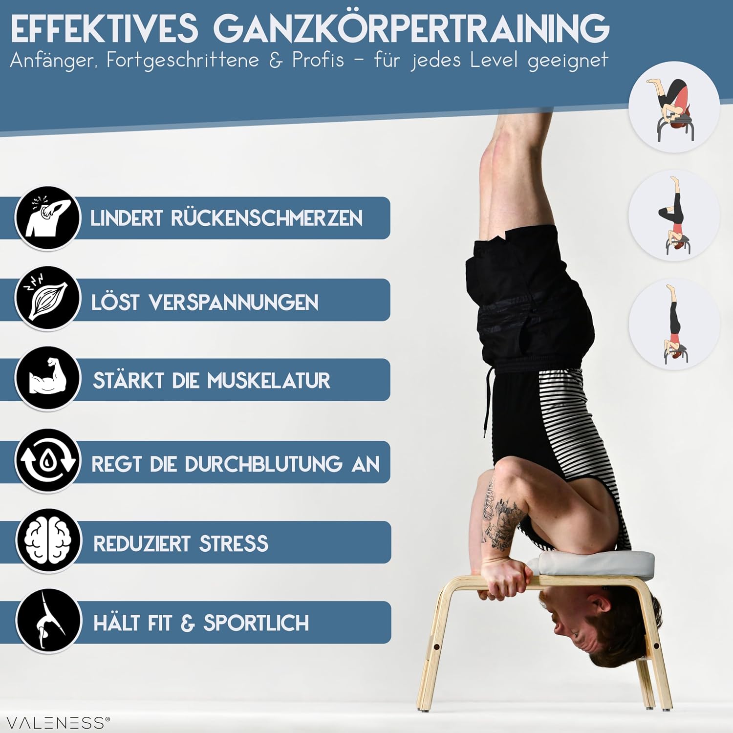 Detalle de VALENESS Yoga Kopfstandhocker – Hochwertiger Yoga Stuhl inkl. Yogagurt, Yogablock & Übungsposter