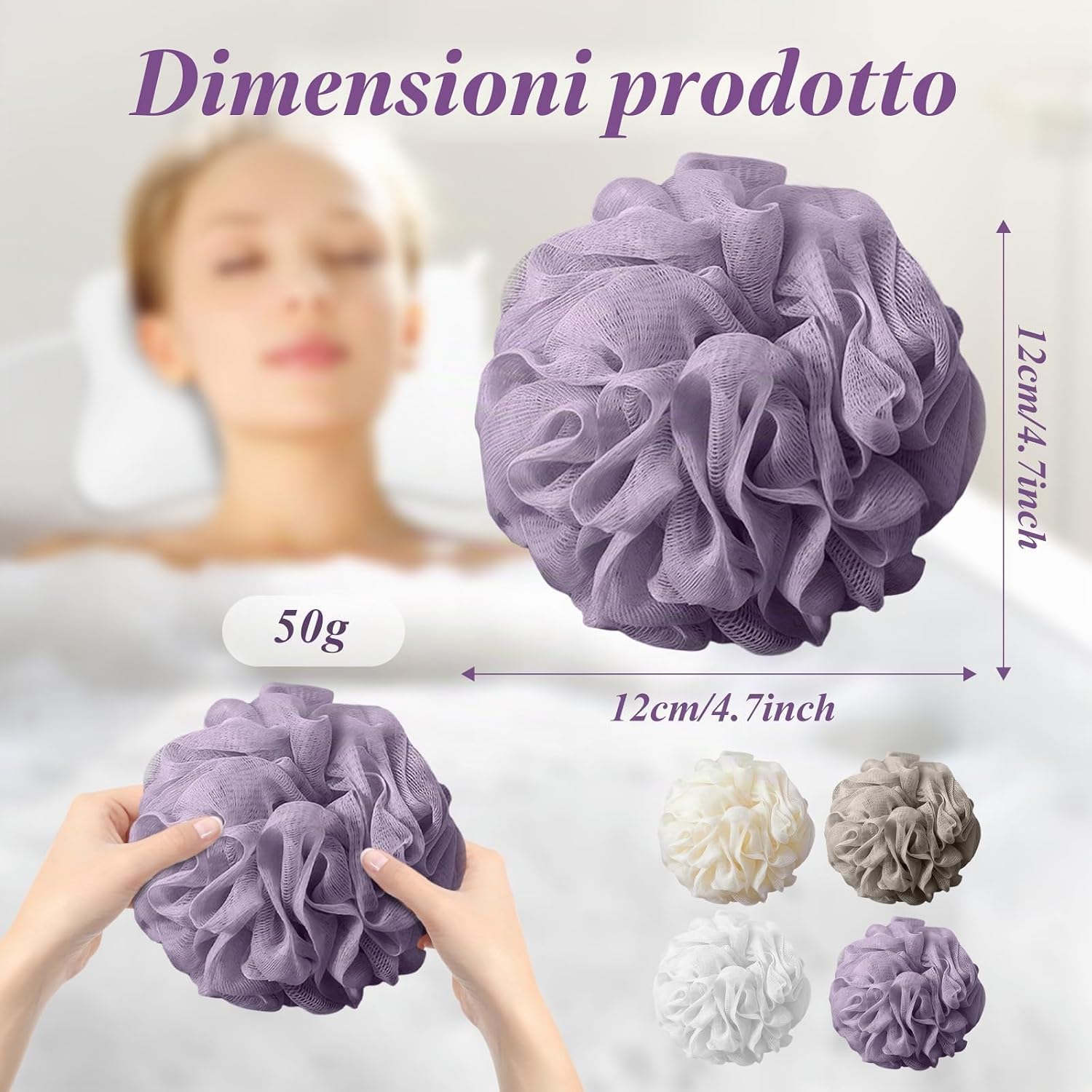Detalle 2 de flintronic 4 Pezzi Spugna Doccia 50 g – Palla Doccia in Tessuto a Rete, Esfoliante e Morbido, con Cordino
