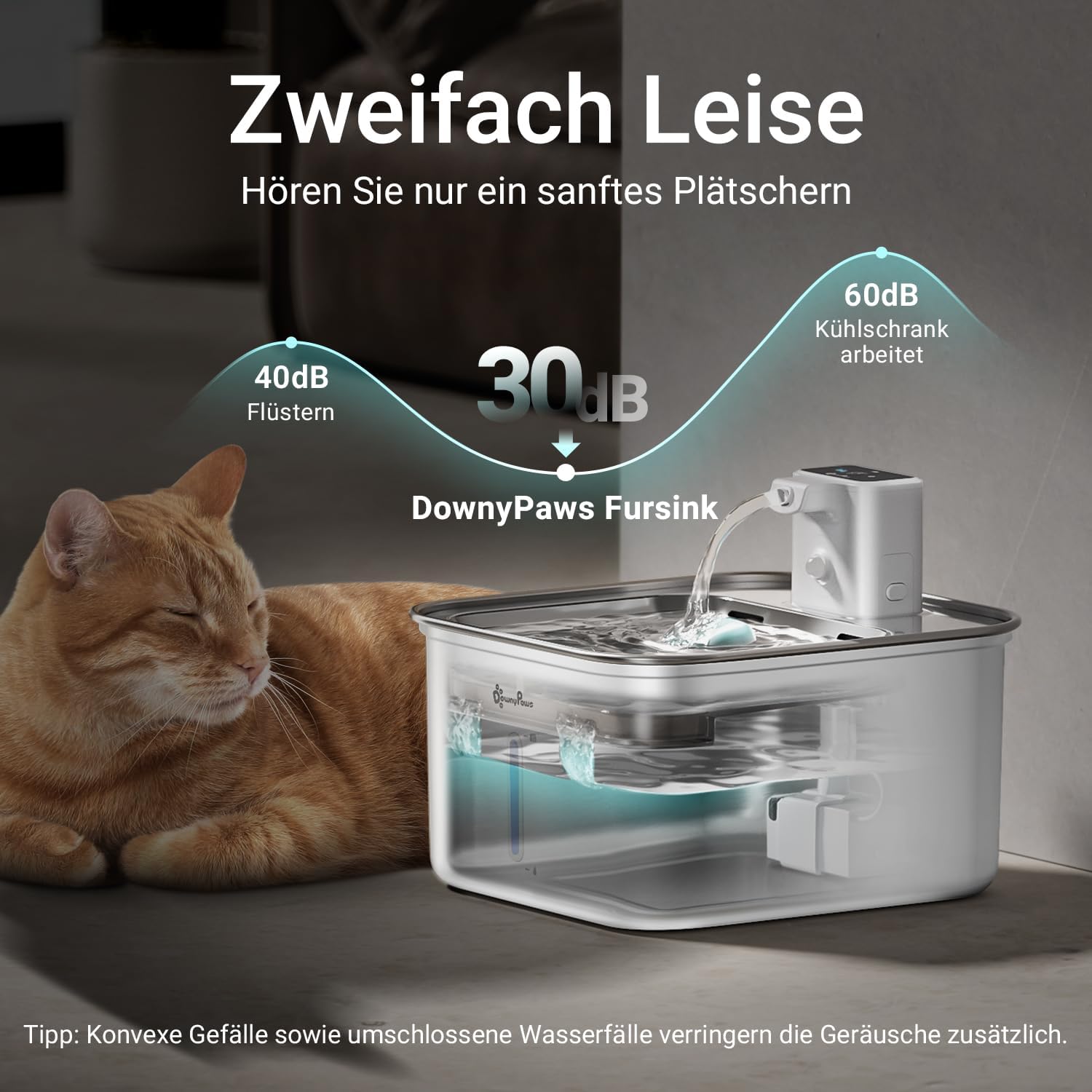 Detalle 1 de DownyPaws Katzenbrunnen Edelstahl kabellos mit Bewegungsmelder und Akku (Elfenbeinweiß)