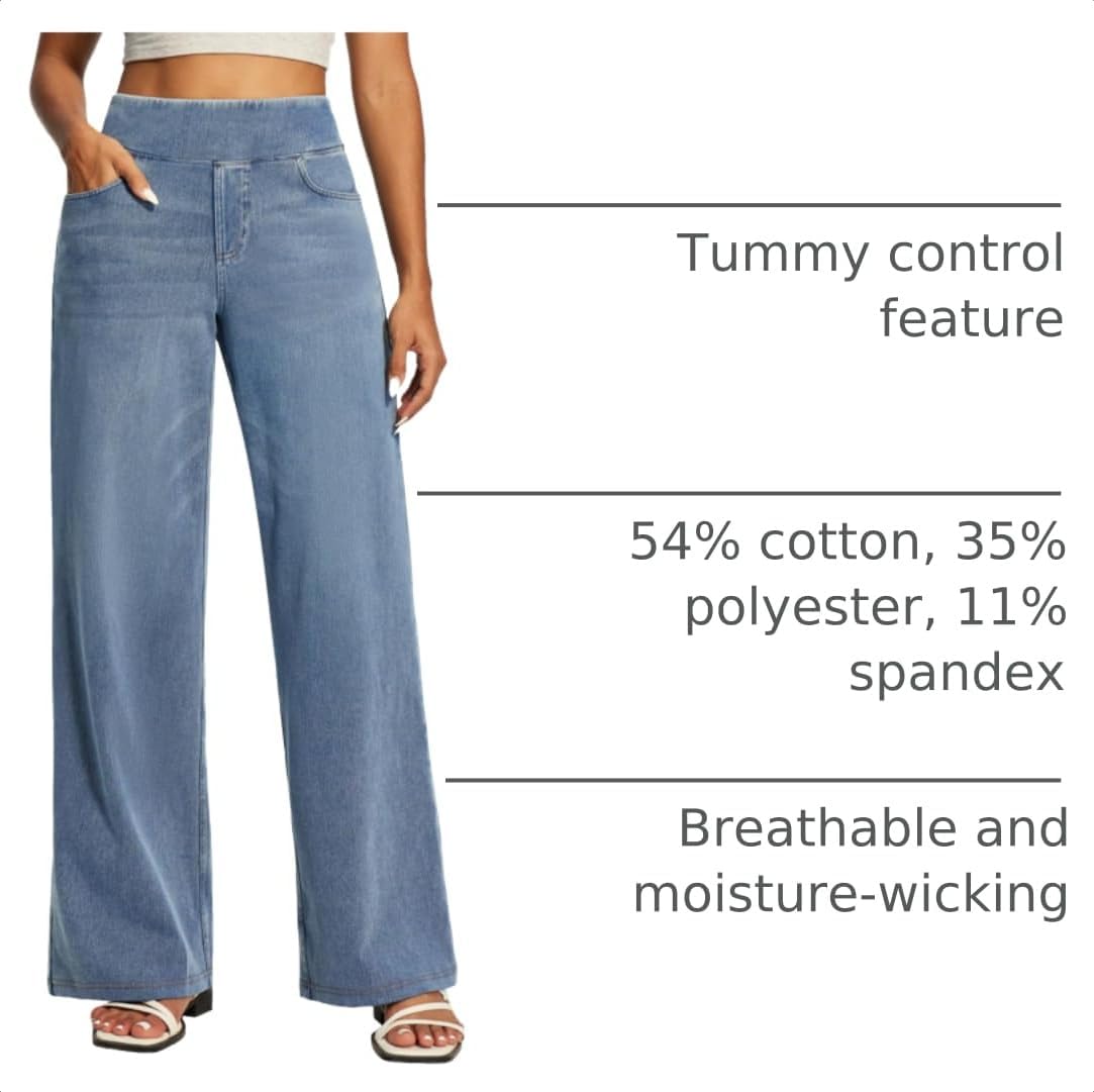 Detalle de IUGA High-Waisted Wide-Leg Pull-On Jeans for Women, Stretch Denim, 4 Pockets