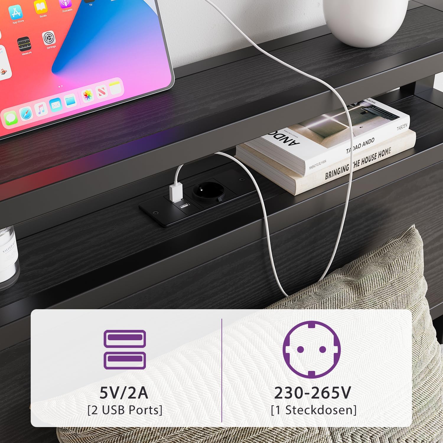 Detalle de HOJINLINERO Telaio per letto 90x200 cm in metallo e legno con scomparti, ricarica USB e LED