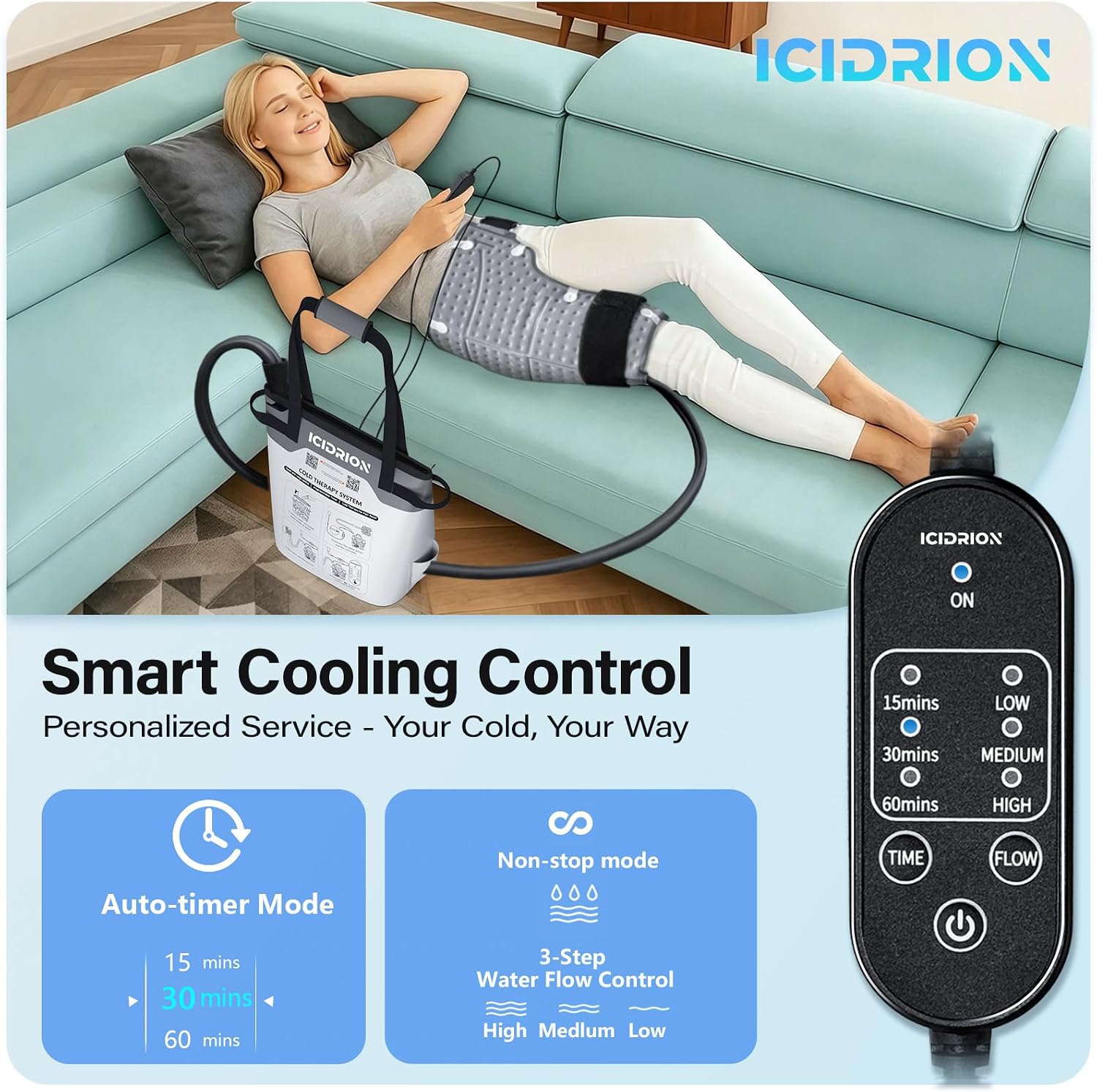 Detalle de ICIDRION Programmable Hip Ice Therapy Machine with Timer and 12-Quart Tank
