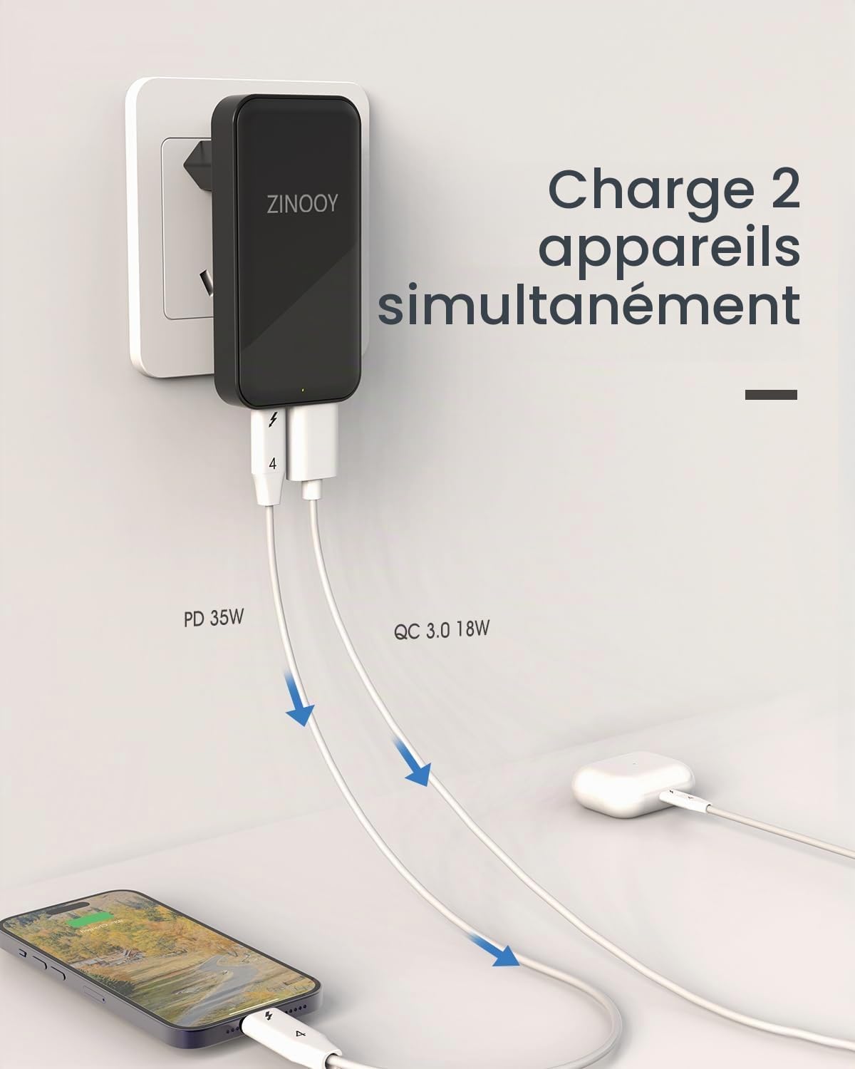 Detalle de Zinooy 35 W USB-C-oplader met USB-A, twee poorten en plat ontwerp