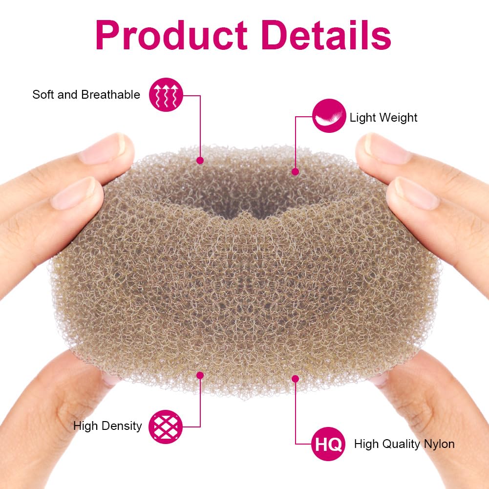 Detalle 2 de URAQT Donut Hair Bun Set – 4er Dutt Maker mit 30 U-förmigen Clips und Duttkissen in Groß und Klein (Aprikose, 6+8+10+12)