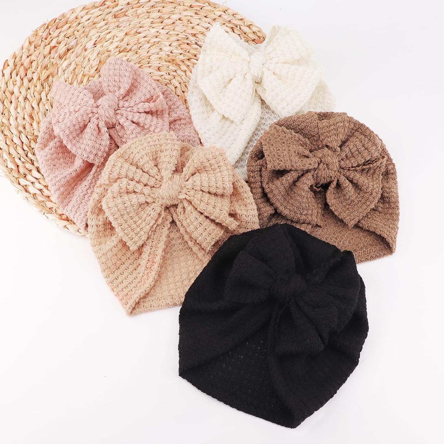 Thumbnail 6 de DRESHOW 5-Piece Baby Turban Hats set — Soft, stretchy infant beanies with oversized bows