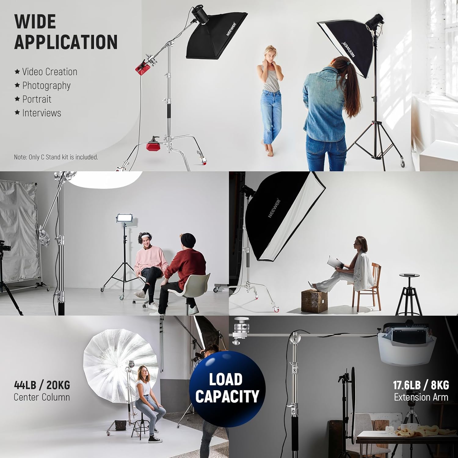 Thumbnail 2 de NEEWER Stainless Steel Heavy Duty C Stand with Swivel Casters SC186W