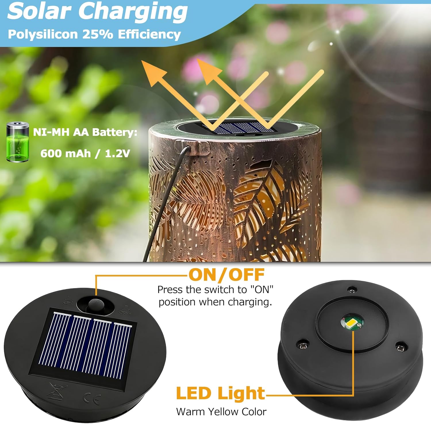 Detalle de Solar Light Replacement Top 7cm for Outside Lanterns (Warm Light, IP44) – Small 1.2V 600mAh, 2PCS