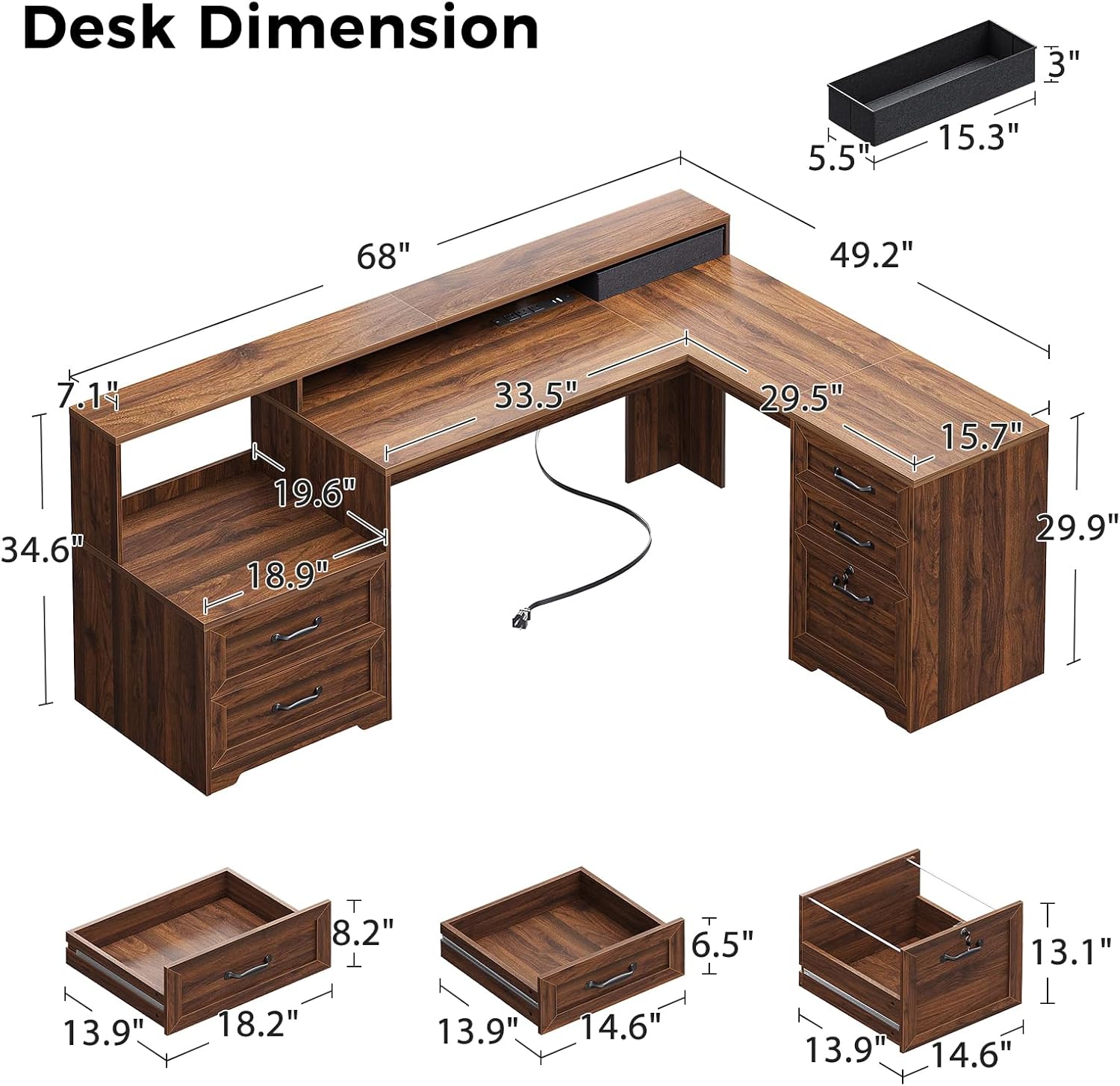 Detalle de OffiGo Executive L Shaped Desk, 68-Inch Farmhouse Desk with Walnut Finish
