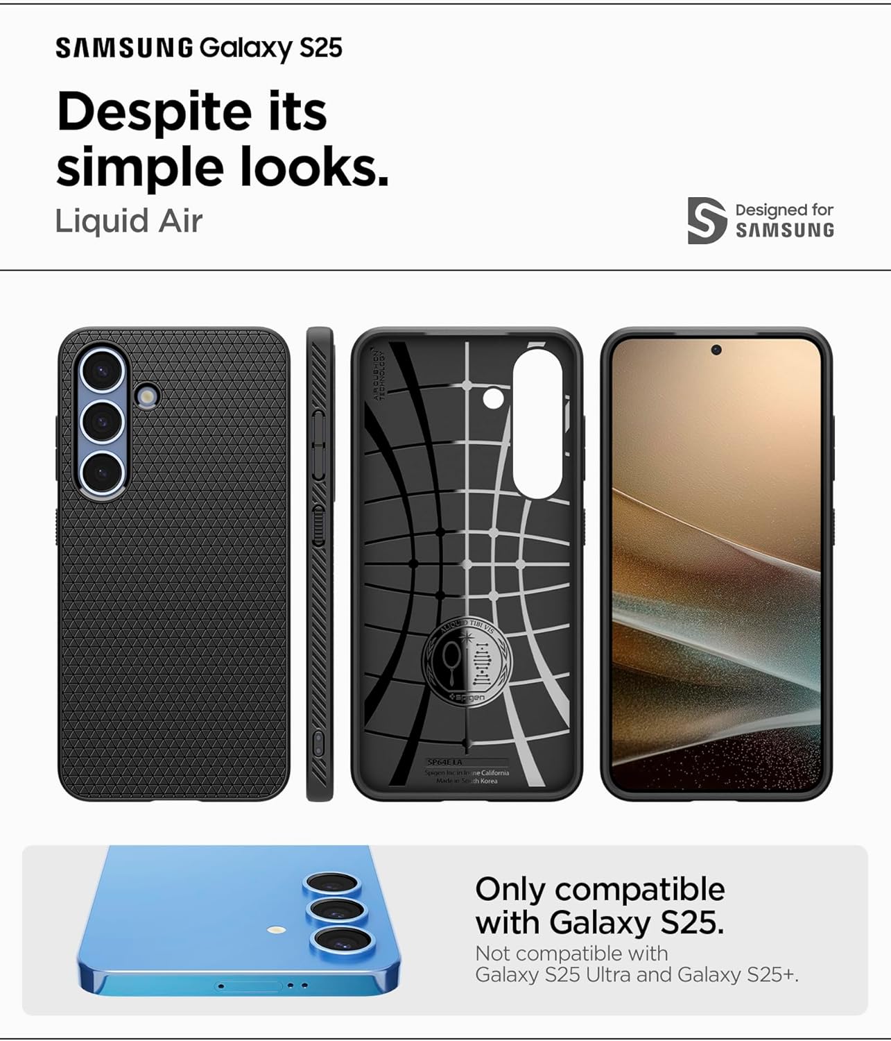Detalle de Spigen Liquid Air Hülle für Samsung Galaxy S25 – leichtes TPU mit Air Cushion und Anti-Rutsch (Schwarz)
