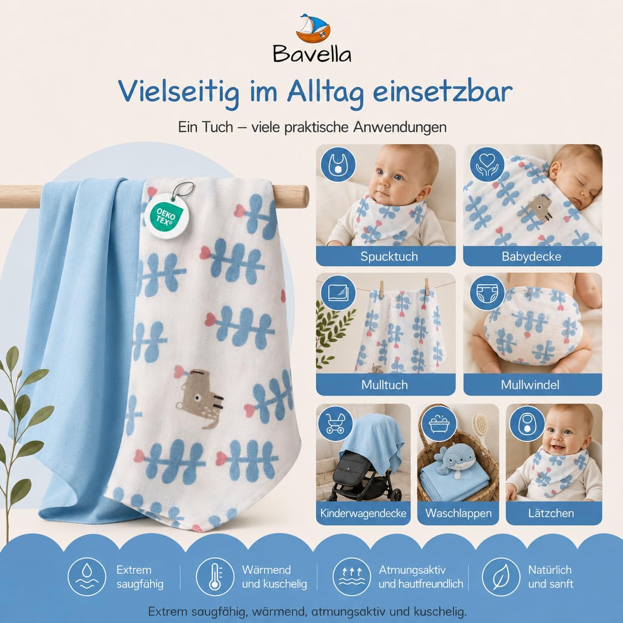 Detalle de Bavella 2er Set XXL Musselin Baby Decke & Tuch 120x120 cm – ÖKO-TEX zertifiziert, 100% Baumwolle